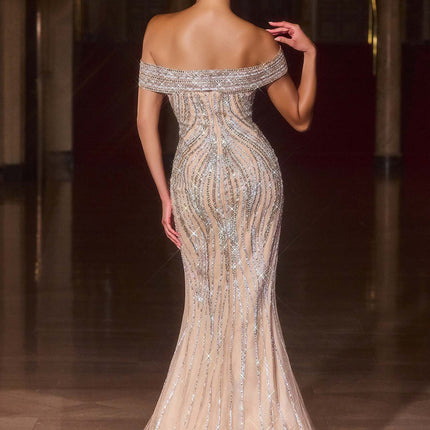 Ladivine CD674 Sculpted Silhouette Sparkling Sequin Soft Tulle Fitted Gown