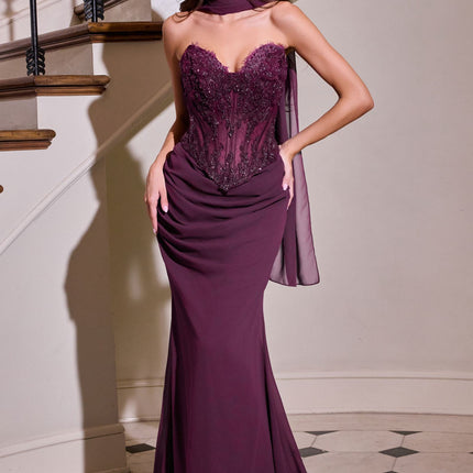 Ladivine CD683 Sculpted Strapless Neckline Soft Mesh Embellished Fitted Gown