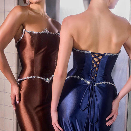 Ladivine CD687 Sleek Satin Fitted Strapless Gown Lace up Corset