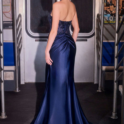 Ladivine CD690 Plunging Halter Neckline Beaded Stretch Satin Dress