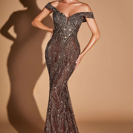 CLEARANCE - Ladivine CD693 Fitted Off Shoulder Sweetheart Eggplant Evening Dress (Size 4)