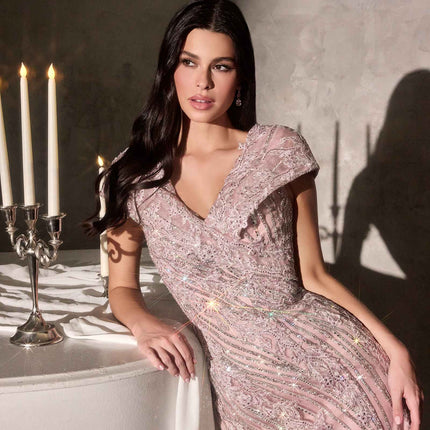 Ladivine CD698 Long Cap Sleeve Mother of the Bride V-Neckline Dress