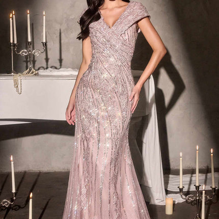 Ladivine CD698 Long Cap Sleeve Mother of the Bride V-Neckline Dress