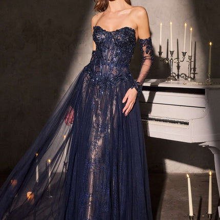 Ladivine CD717 Strapless A-Line Gown Lace Applique Tulle Skirt