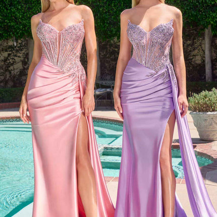 CLEARANCE - Ladivine CD722 Strapless Satin Fitted Cielo Blue Evening Gown (Size 12)