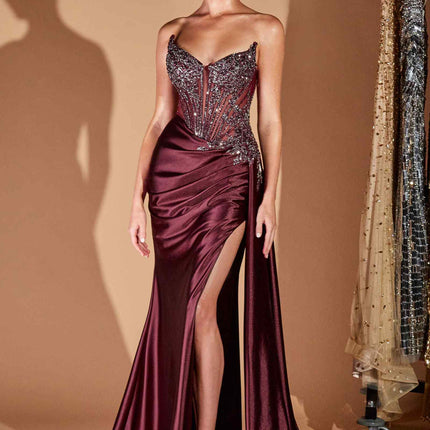 Ladivine CD722 Elegant Strapless Satin Fitted Evening Gown