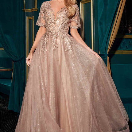 Ladivine CD726 Half Sleeve Mocha V-Neck A-Line Layered Glitter Gown