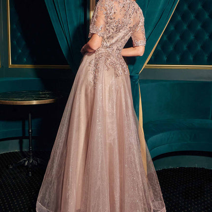 Ladivine CD726 Half Sleeve Mocha V-Neck A-Line Layered Glitter Gown