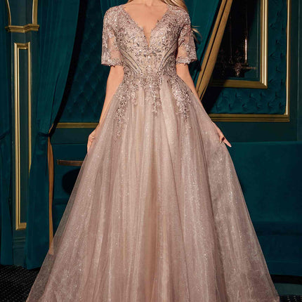 Ladivine CD726 Half Sleeve Mocha V-Neck A-Line Layered Glitter Gown
