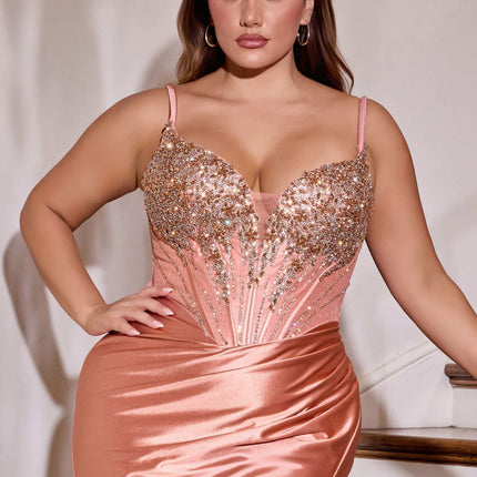Ladivine CD729C Removable Off Shoulder Stretch Satin Plus Size Prom Gown