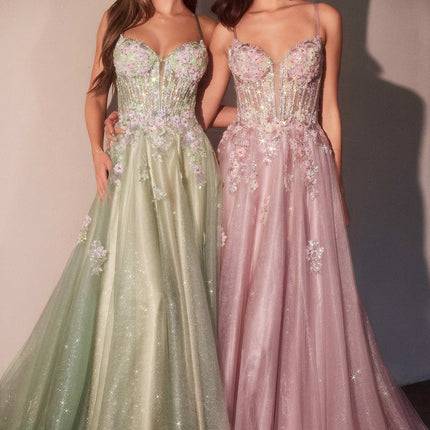 Ladivine CD740 Floral A-Line Layered Glitter Tulle Dress