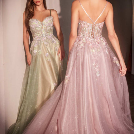 Ladivine CD740 Floral A-Line Layered Glitter Tulle Dress