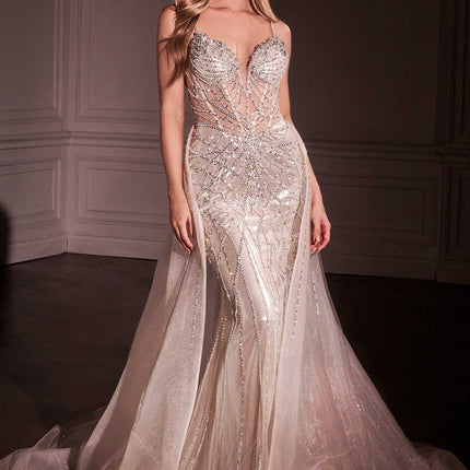 Ladivine CD763 Fit & Flare Crystal Embellished Gown & Overskirt
