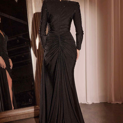 Ladivine CD788 Dress Long Sleeve Stretch Satin Embellished Gown