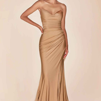Ladivine CD791 Dress Strapless Stretch Satin Fitted Gown with Slit