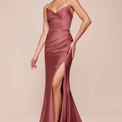 Ladivine CD791 Dress Strapless Stretch Satin Fitted Gown with Slit