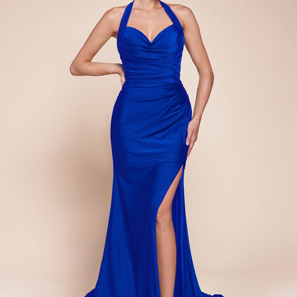 Ladivine CD796C Dress Stretch Satin Halter Fitted Curve Gown