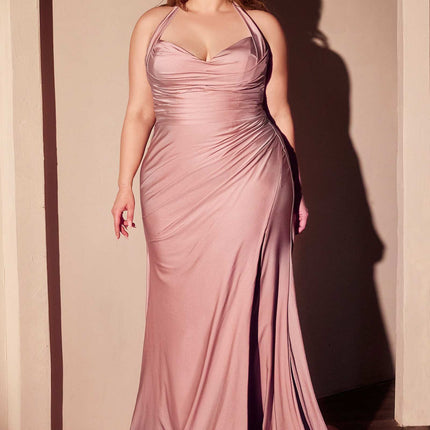 Ladivine CD796C Dress Stretch Satin Halter Fitted Curve Gown