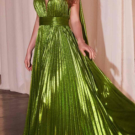 Ladivine CD802 Metallic Pleated A-Line Gown Cape Sash