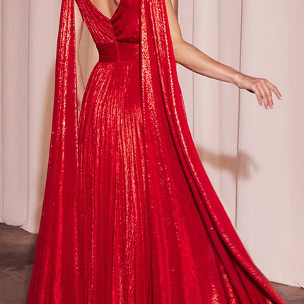 Ladivine CD802 Metallic Pleated A-Line Gown Cape Sash
