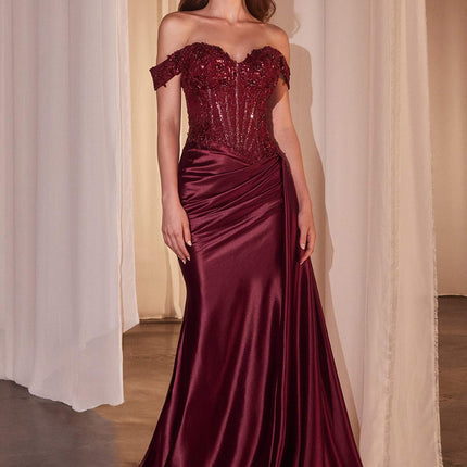 CLEARANCE - Ladivine CD803 Off The Shoulder Lace & Satin Fitted Gown (Size 12)