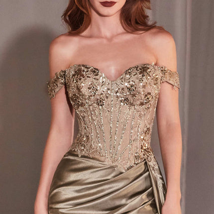 CLEARANCE - Ladivine CD803 Off The Shoulder Lace & Satin Fitted Gown (Size 12)