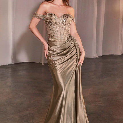 CLEARANCE - Ladivine CD803 Off The Shoulder Lace & Satin Fitted Gown (Size 12)