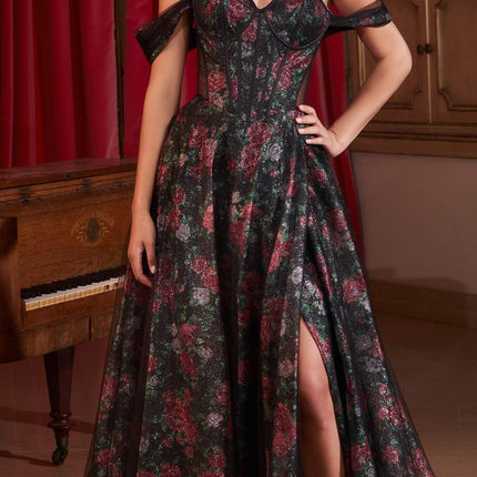 Ladivine CD806 Black Off The Shoulder Ball Gown With Floral Underlay