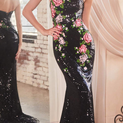 Ladivine CD811 Long Strapless Floral Print Pattern Sequin Dress