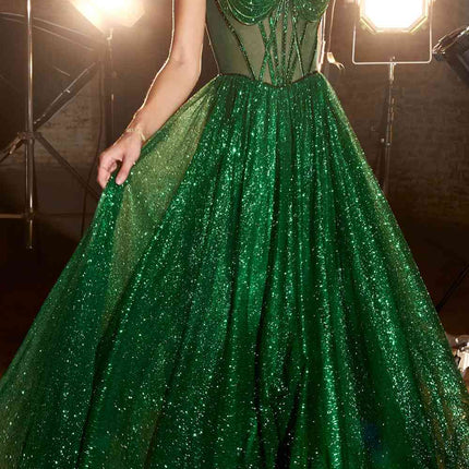 Ladivine CD832 Long Sheer Boned Bodice Glitter Flock Ball Gown