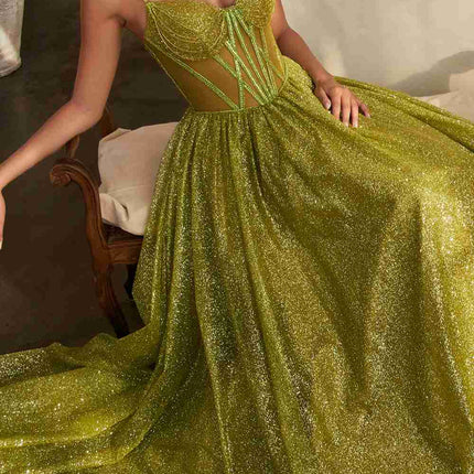 Ladivine CD832 Long Sheer Boned Bodice Glitter Flock Ball Gown