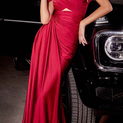 Ladivine CD836 Long Off Shoulder Side Slit Fitted Side Sash Gown