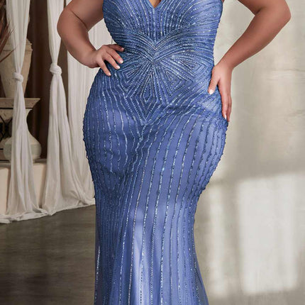 Ladivine CD845 Long Layered Tulle Embellished Rhinestone Gown