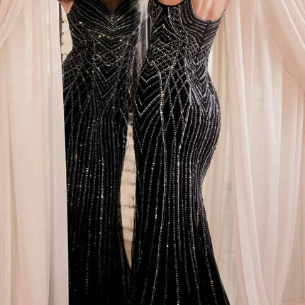 Ladivine CD846 Long Bead Embellished Fit and Flare Gown