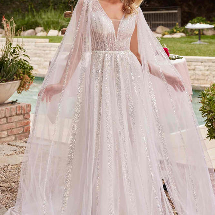 Ladivine CD852W Timeless A-Line Layered Tulle Long Sleeve Drape Wedding Gown