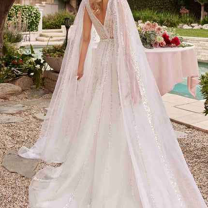 Ladivine CD852W Timeless A-Line Layered Tulle Long Sleeve Drape Wedding Gown