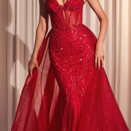 Ladivine CD863 Floor Length Fitted Beaded Tulle Fabric Red Carpet Gown