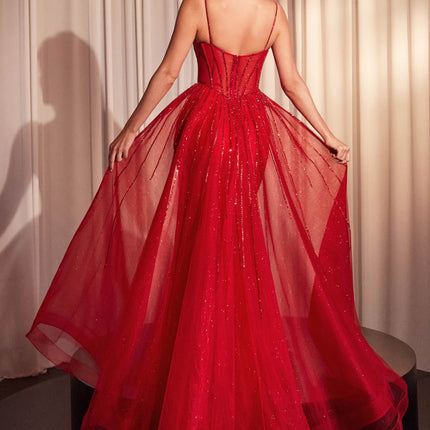 Ladivine CD863 Floor Length Fitted Beaded Tulle Fabric Red Carpet Gown