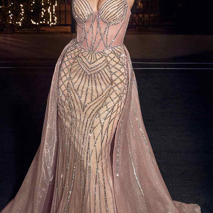 CLEARANCE - Ladivine CD863 Floor Length Fitted Beaded Tulle Rose Champagne Gown (Size 10)