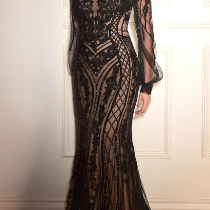 Ladivine CD864 Long Bishop Sheer Sleeve V-Neckline Embellished Gown