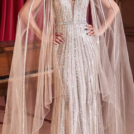 Ladivine CD865 Embellished Long Cape Sleeve Formal Gown