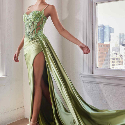 Ladivine CD868 Long Glamorous Lace Detailed Formal Gown Side Sash