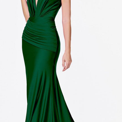 Cinderella Divine CD912 Fitted Jersey Gown Ruched Waistline Pleated Deep V-Neckline