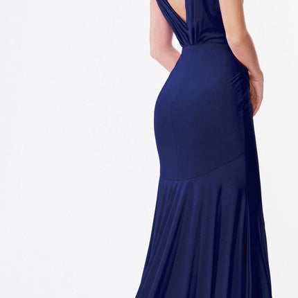 Cinderella Divine CD912 Fitted Jersey Gown Ruched Waistline Pleated Deep V-Neckline