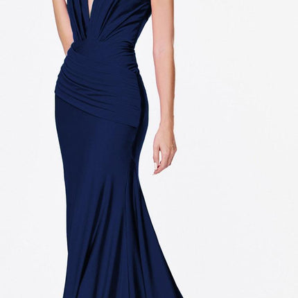 Cinderella Divine CD912 Fitted Jersey Gown Ruched Waistline Pleated Deep V-Neckline