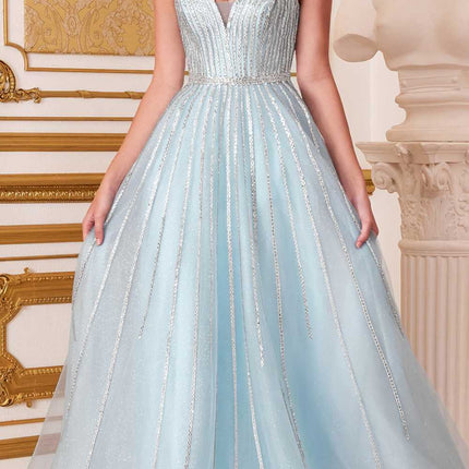 Cinderella Divine CD940 Stunning A-Line Ball Gown Glitter Tulle Long V-back