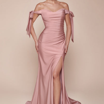 Ladivine CD943 Fitted Stretch Jersey Long Formal Dress Off Shoulder