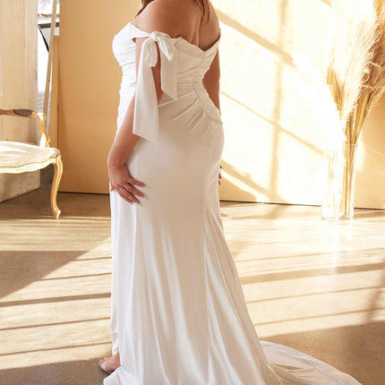 Cinderella Divine CD944WC Long Stretch Satin Gown Off The Shoulder Tie Sleeve