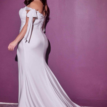 Cinderella Divine CD944WC Long Stretch Satin Gown Off The Shoulder Tie Sleeve