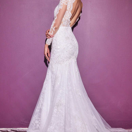 Cinderella Divine CD951W Lace Mermaid Gown With Long Illusion Sleeves